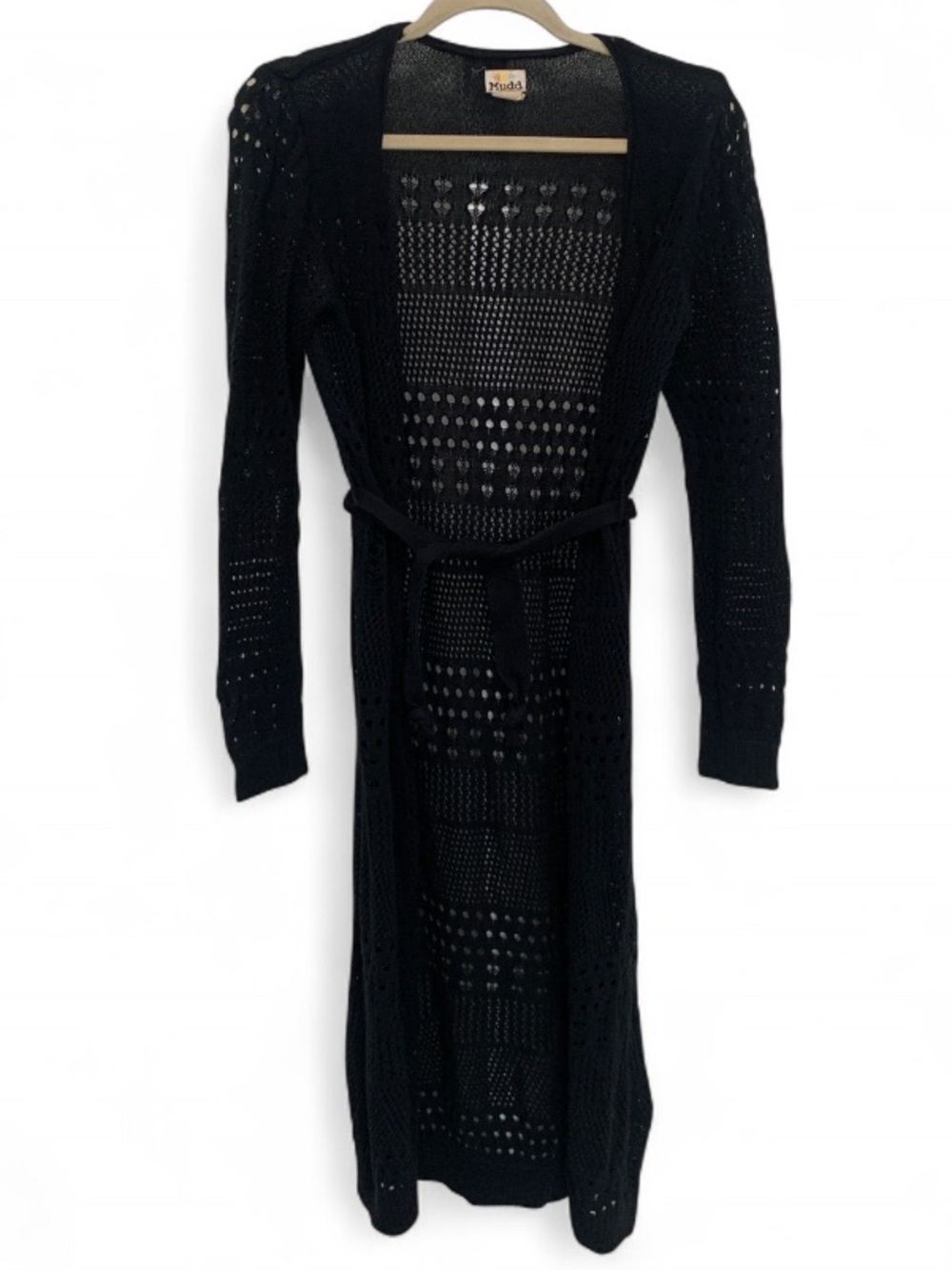 Y2K Mudd Black Open-Weave Long Sleeve Belted Open Front Cardigan Sweater